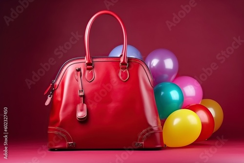 illustration, elegant red leather bag and balloons, ai generative