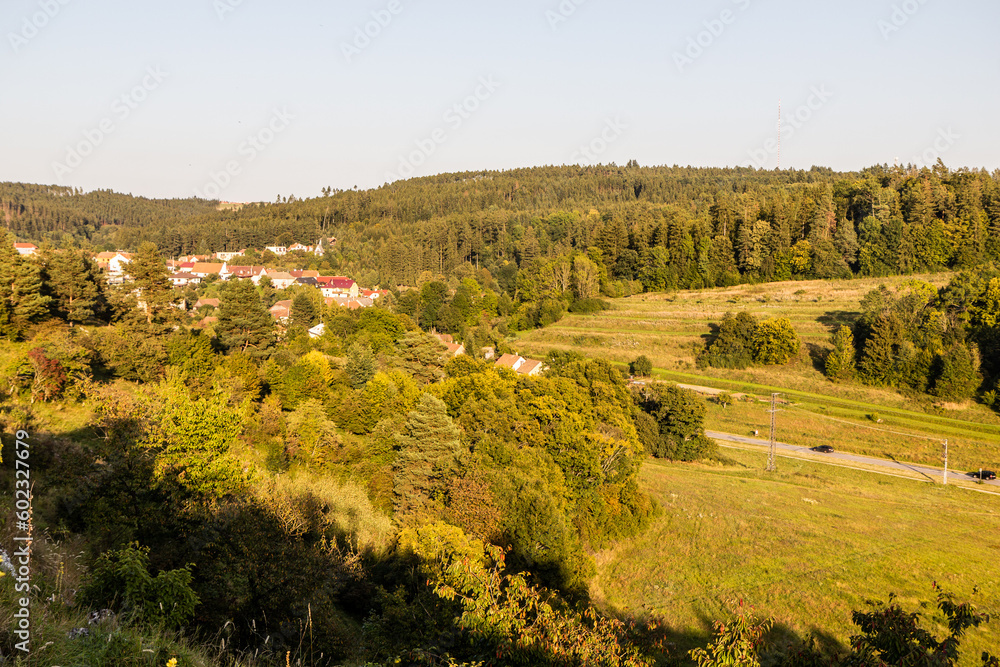 Aerial view of Ostrov u Macochy village in Moravian Karst region, Czech Republic