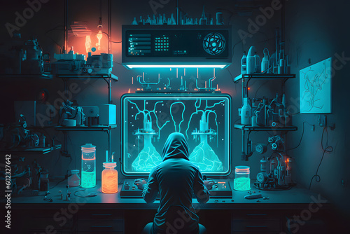 Neon lighting laboratory, with person doing reserach