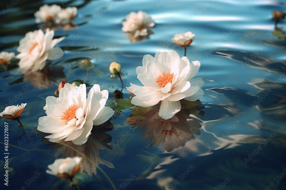 beautiful white and rose flowers floating in the lake. AI generative