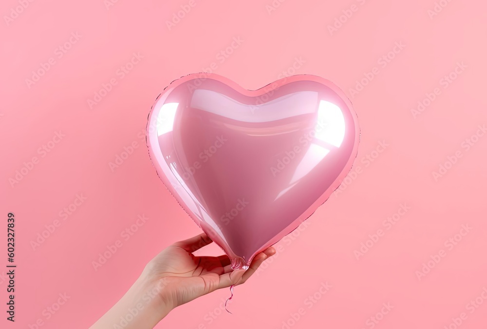 pink heart balloon floating on pink background, generative ai