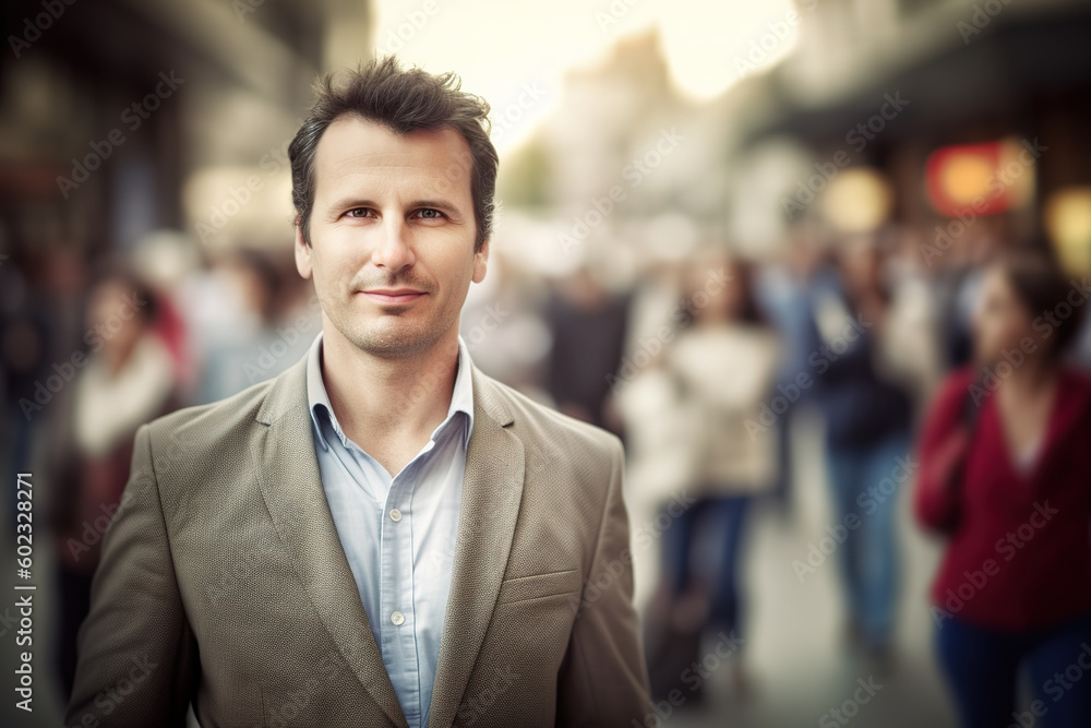 Confident businessman portrait on busy street, Confident businessman portrait on busy street,