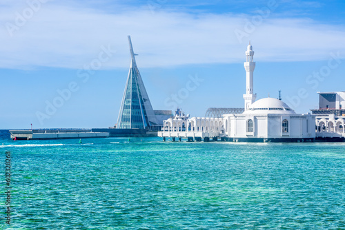 Alrahmah floating mosque with sea in foreground, Jeddah, Saudi Arabia photo