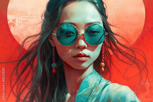 portrait of a asian woman with sunglasses in watercolor painting style.