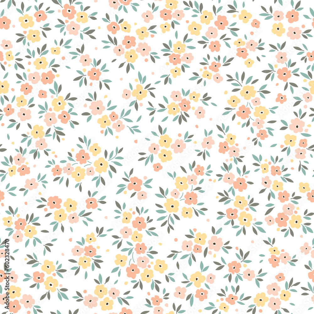Cute floral pattern in small flowers. Delicate orange and yellow flowers. White background. Liberty print. Floral seamless background. Trendy template for fashion prints. Stock vector pattern.