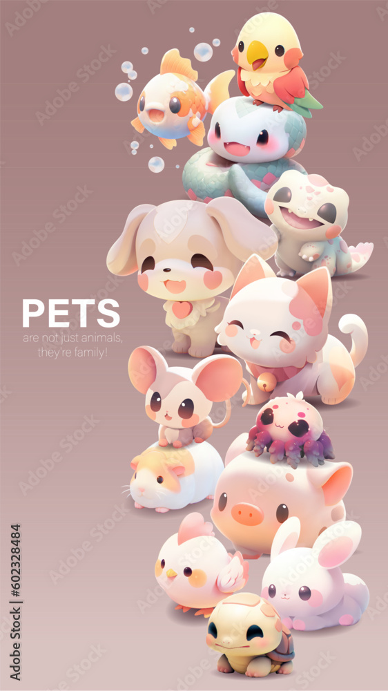 Obraz premium Group of a cute little animals with a kind smiling face and big eyes.