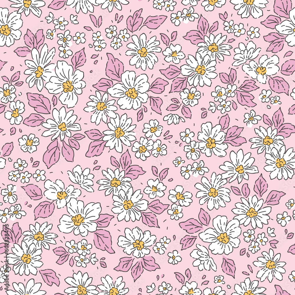 Beautiful floral pattern in small flowers. Delicate white flowers and lilac leaves. Light pink background. Liberty print. Floral seamless background. Trendy template for fashion prints. Stock pattern.