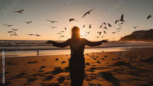 Woman admiring sunset at the beach with seagulls flying.