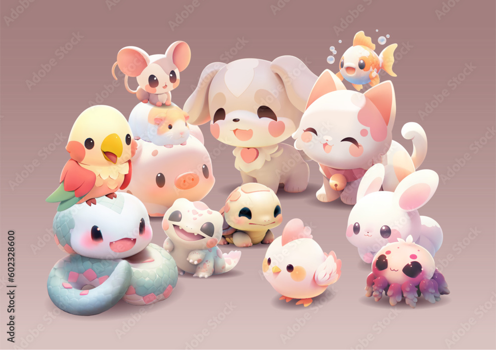 Group of a cute little animals with a kind smiling face and big eyes. Group of a cute little animals with a kind smiling face and big eyes.