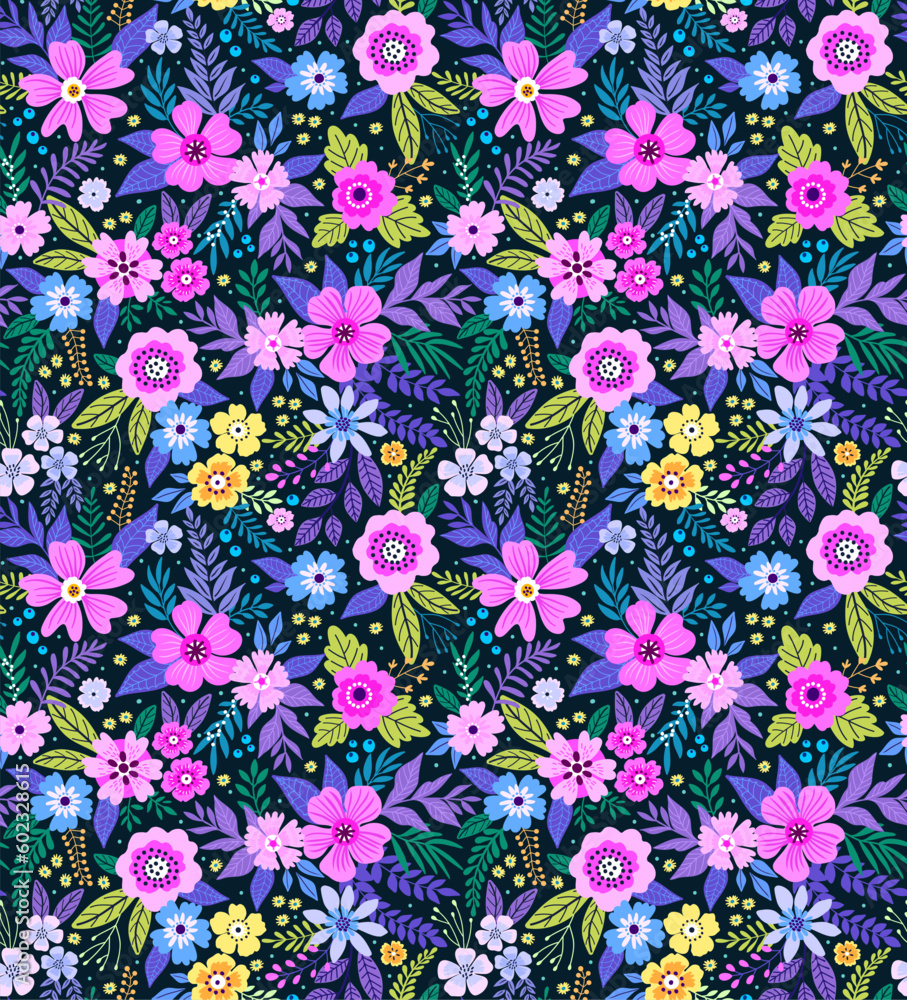 Vector seamless pattern. Cute pattern in small flowers. Small colorful flowers. Dark blue background. Trendy floral background. Bright template for fashion prints. Stock vector.