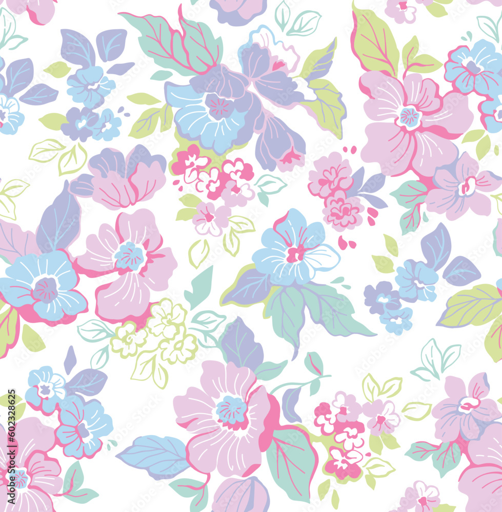 Obraz premium Beautiful floral pattern in small flowers. Delicate white flowers. White background. Liberty print. Floral seamless background. Trendy template for fashion prints. Stock pattern.