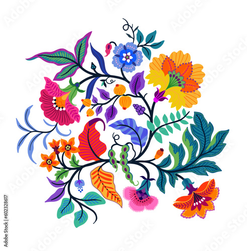 Vector Oriental motif of flowers. Original Floral design with of a woody vine with exotic flowers, tropic leaves and beautiful flowers. Tree of life Colorful flowers on a white background. Folk style.