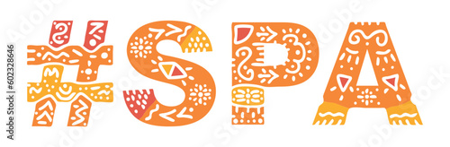 SPA Hashtag. Isolated text, national ethnic ornament. Patterned Hashtag #SPA for social network, Relaxation treatments resources, mobile app, games, clothing, t-shirt, banner, adv.