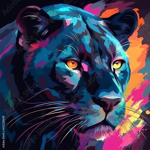 illustration, phanter face with glow and colors, ai generative