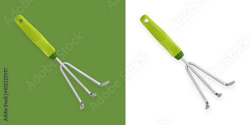 Quadro em tela Hand spud rake with plastic green grip, weeding and turning soil, garden tool equipment isolated on white background for cultivating, loosening, spreading mulch