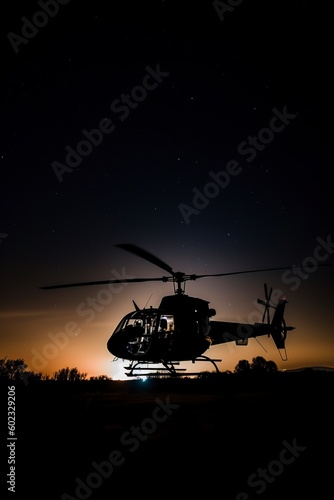 illustration, night helicopter silhouette, ai generative