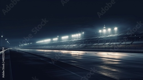 illustration, empty racetrack at night, with stands and light, generative ai © Jorge Ferreiro