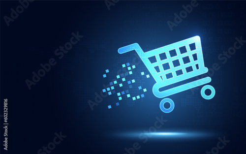Futuristic Shopping cart digital transformation abstract blue technology background. Online business and Digital store concept. Vector illustration