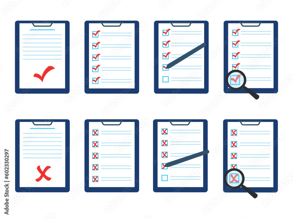 Set of document icons marked with a red check mark and a cross. Verified document. Checklist. Questionnaire, survey, clipboard, task list. Checklist with magnifying glass Set of document icons marked with a red check mark and a cross. Verified document. Checklist. Questionnaire, survey, clipboard, task list. Checklist with magnifying glass