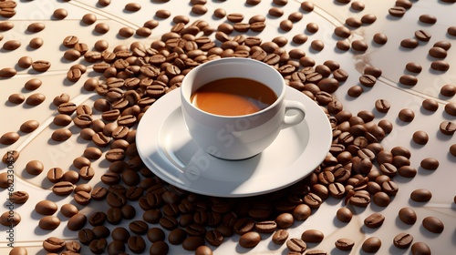 Cup of coffee on a white saucer, white marble table with coffee beans