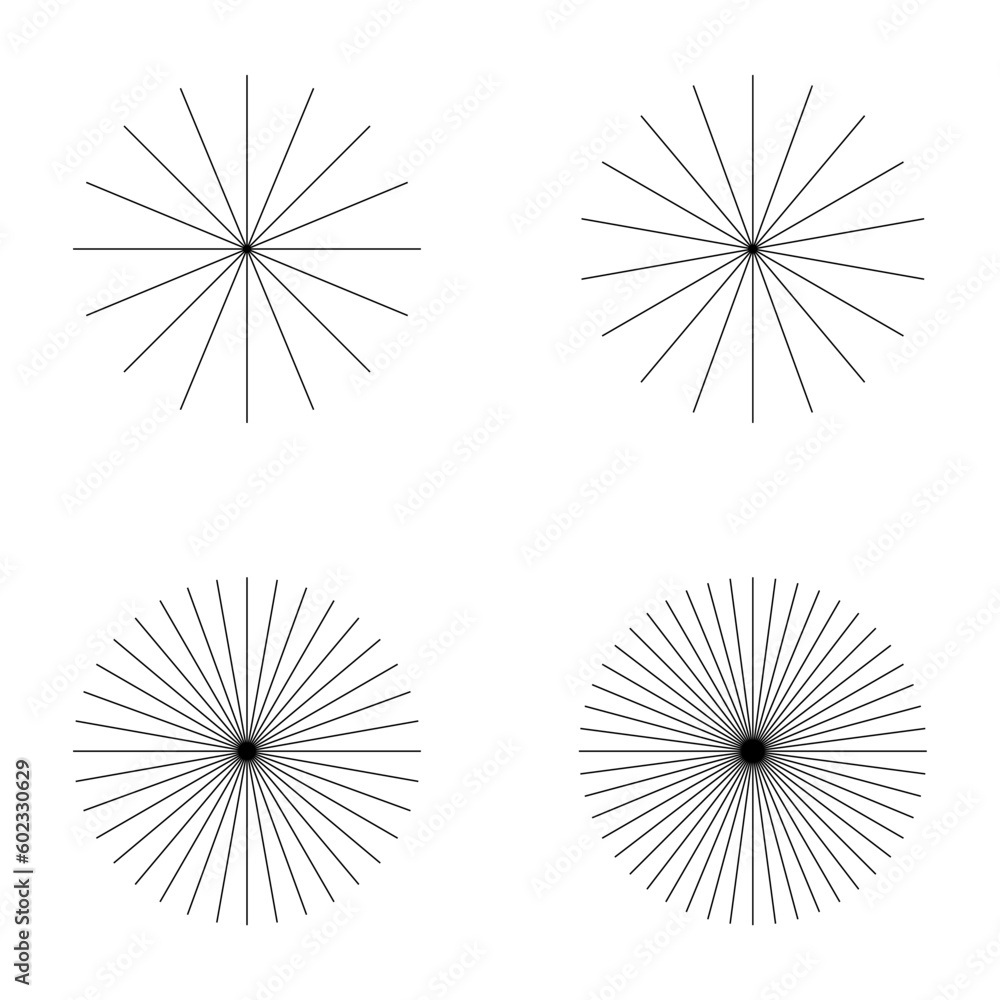 Set of converging radiating lines burst icon, geometric sunburst element, sun shape vector illustration Set of converging radiating lines burst icon, geometric sunburst element, sun shape vector illustration