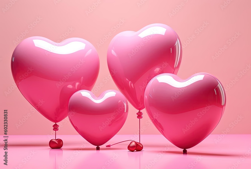 pink heart balloons on a pink background, generative ai