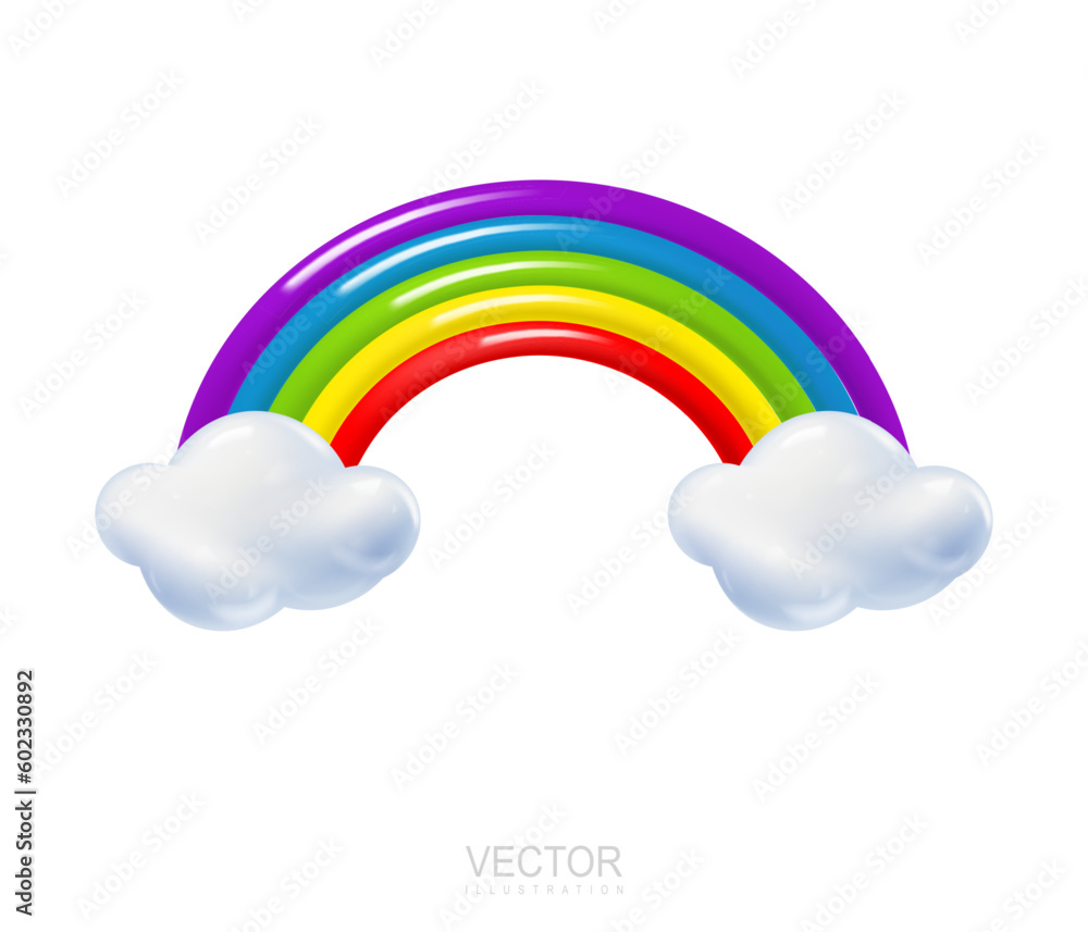 3d rainbow with clouds cartoon style. Weather phenomenon concept. Vector illustration of colorful arc with cloud 3d rainbow with clouds cartoon style. Weather phenomenon concept. Vector illustration of colorful arc with cloud