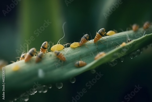 aphid pest eats corn leaves in macro. Generative AI