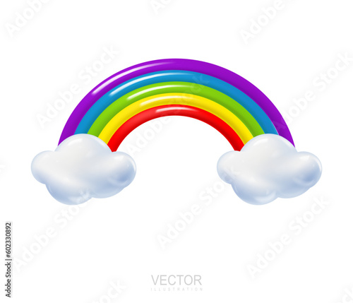 3d rainbow with clouds cartoon style. Weather phenomenon concept. Vector illustration of colorful arc with cloud
