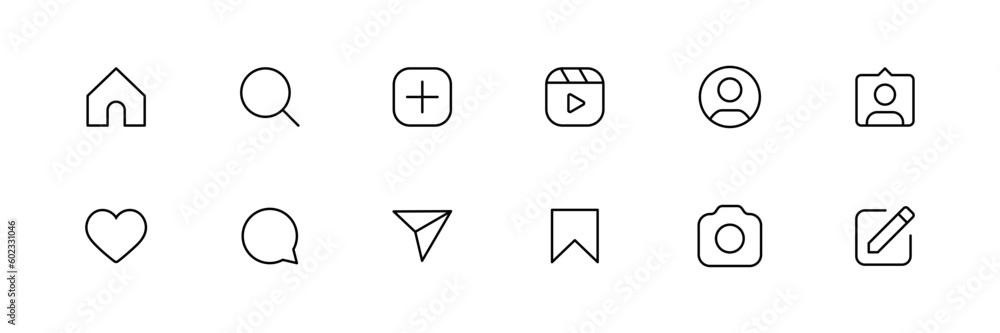 Instagram icons set. home, search, add, reels, profile, tag, camera, edit,  icon - Social media instagram notification icons. like, comment, share,  save, icon, button. vector app interface web icons Stock Vector