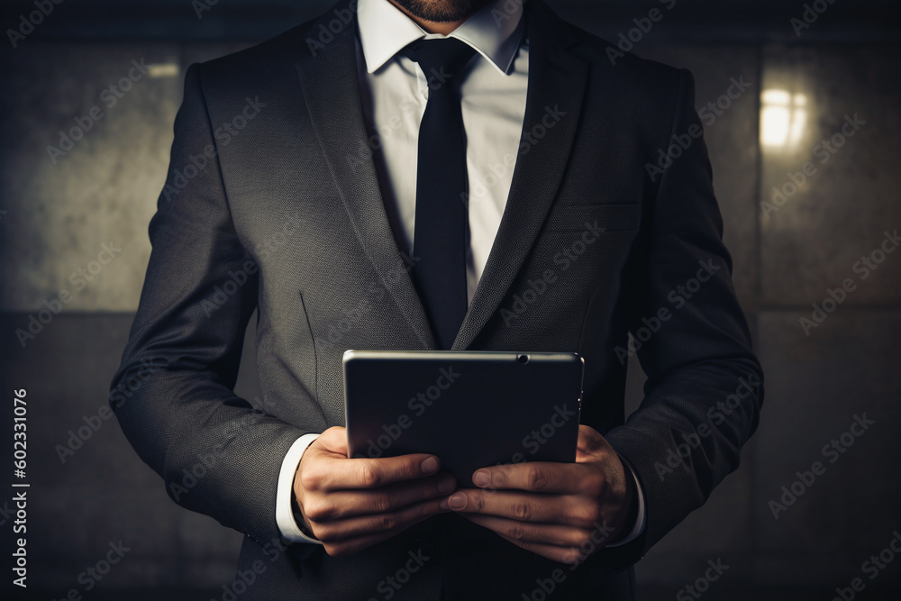 businessman in a suit and tie holding a tablet, Generative AI businessman in a suit and tie holding a tablet, Generative AI