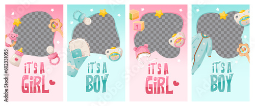 Baby shower template for social networks or a greeting card with a place for a photo. It's a girl. It's a boy.