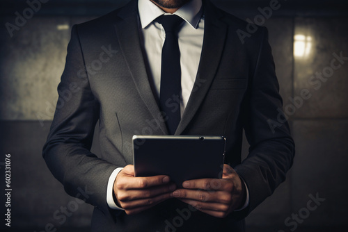 businessman in a suit and tie holding a tablet, Generative AI