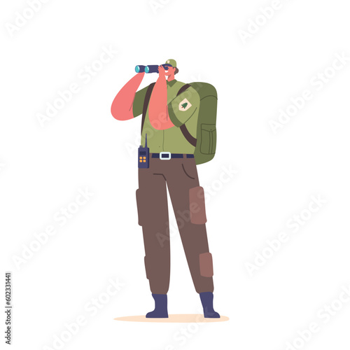 Forester Ranger Character Holding Binoculars, Scanning The Forest. Keeping Watch For Wildlife And Potential Hazards