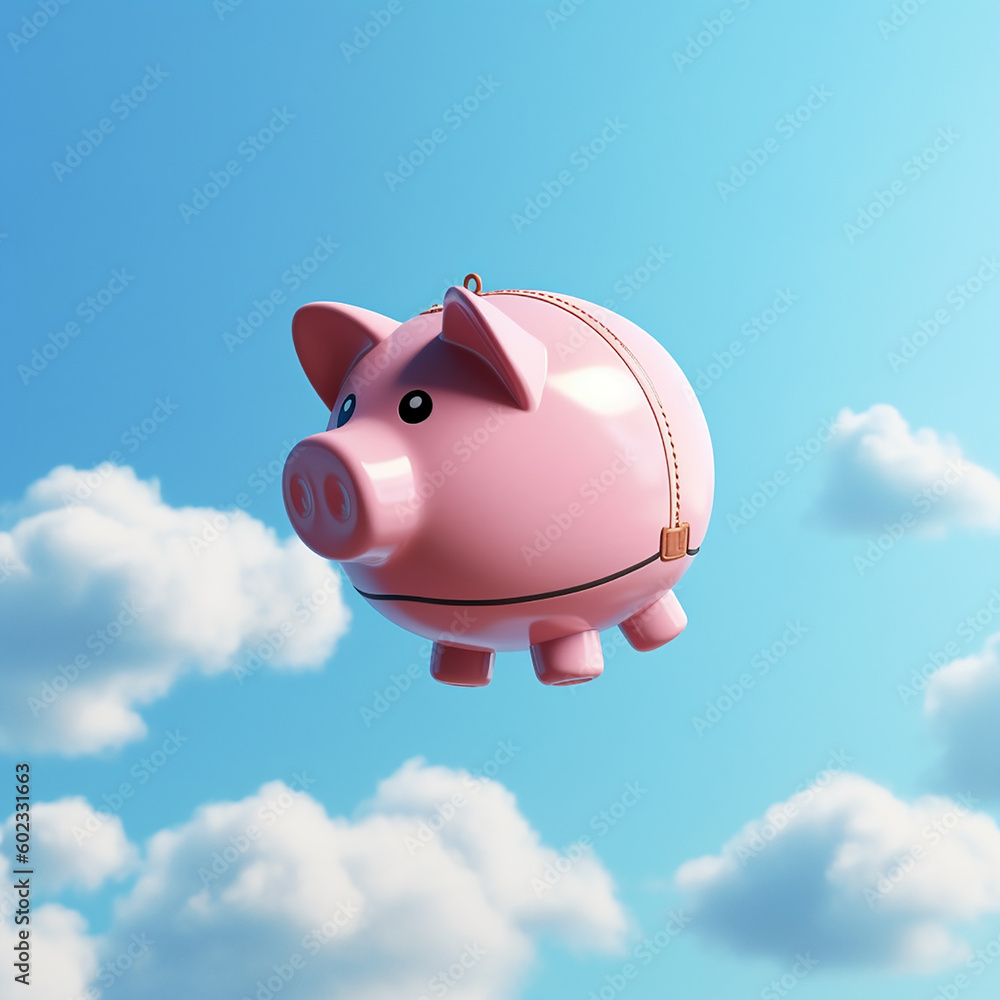 Pink piggy bank flying on blue sky background. Stock Illustration ...