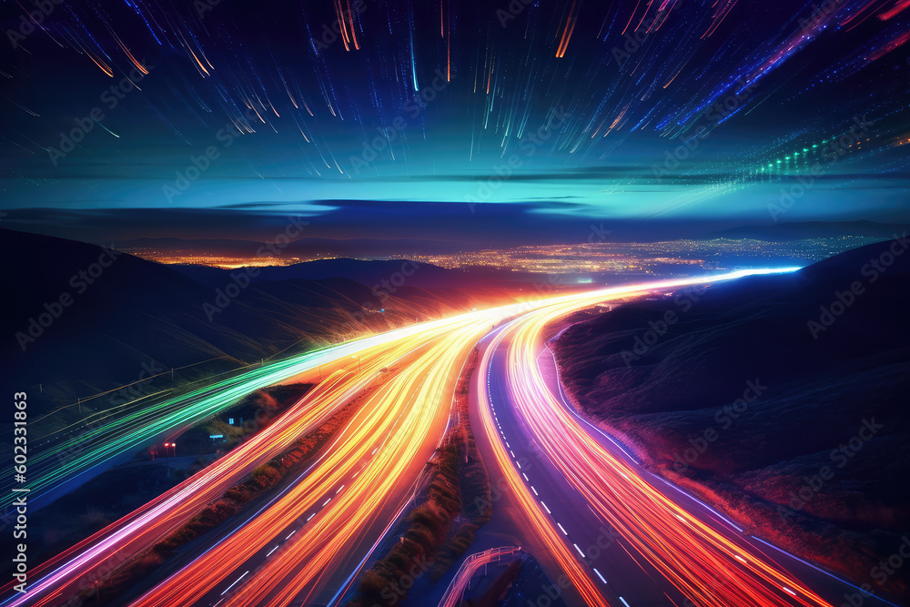 nighttime abstract highway with time lapse stars - made with generative ai nighttime abstract highway with time lapse stars - made with generative ai