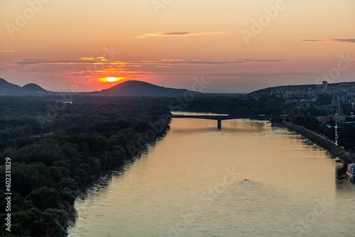 Sunset above Danube river in Bratislava, Slovakia