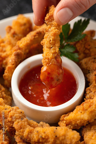 Crispy Shredded Chicken served with sweet chilli sauce. Party finger food snack concept
