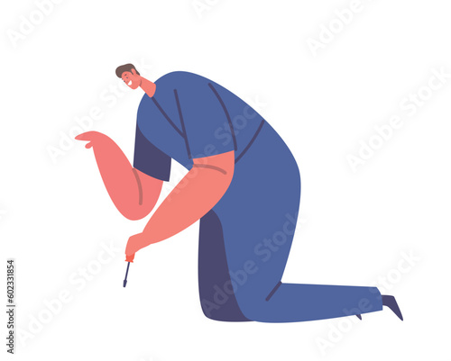 Worker Male Character Uses Screwdriver To Tighten Or Loosen Screws. Common Tool Used In Construction, Furniture Assembly