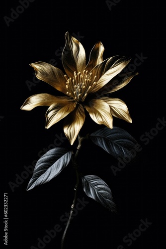 Beautiful golden flowers with black leaves isolated on a dark black background. Creative mystery concept. Elegant love and passion floral idea. 3d Illustration