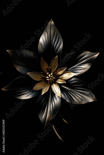 Beautiful golden flowers with black leaves isolated on a dark black background. Creative mystery concept. Elegant love and passion floral idea. 3d Illustration