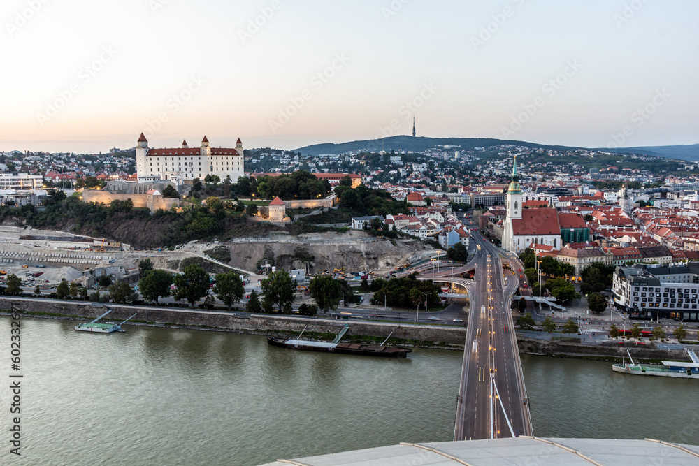 Aerial view of the castle and old town in Bratislava, capital of Slovakia