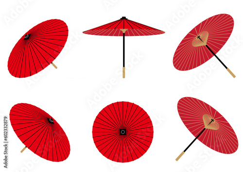 赤い和傘のイラスト素材セット
