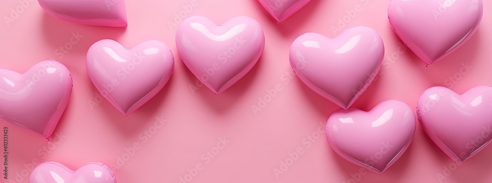 pink heart shape shaped balloons on pink background, generative ai