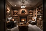 A cozy den with a fireplace, built-in bookshelves, and comfortable seating that creates the perfect atmosphere for relaxation and reflection - Generative AI
