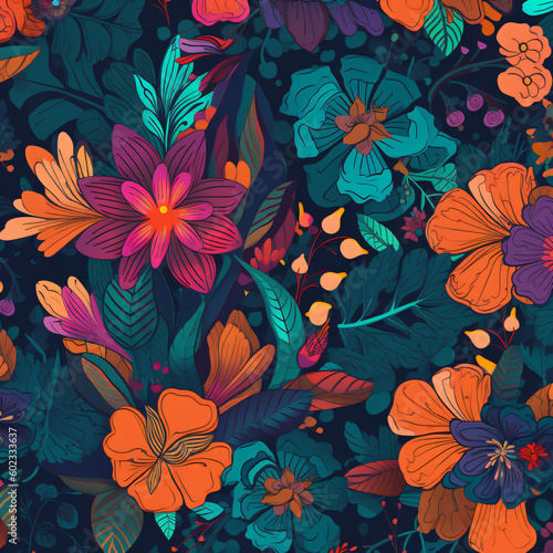 colorful flowers pattern dark background vector style illustration Generative Ai