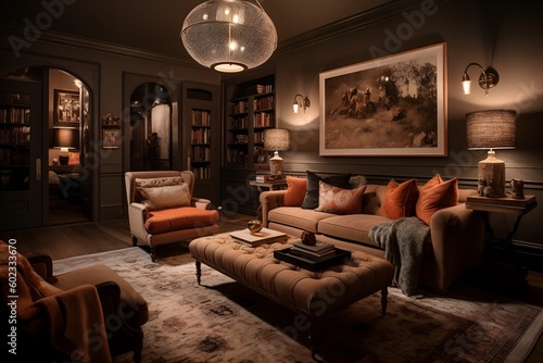Fotografia A cozy and inviting living room with plush seating, warm lighting, and elegant d