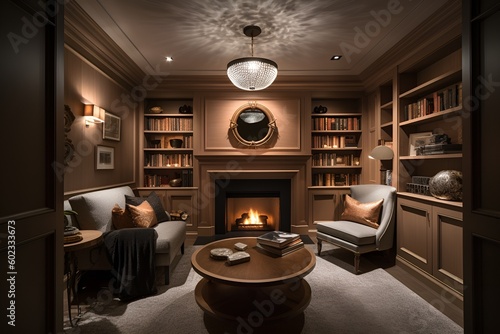 A cozy den with a fireplace, built-in bookshelves, and comfortable seating that creates the perfect atmosphere for relaxation and reflection - Generative AI photo