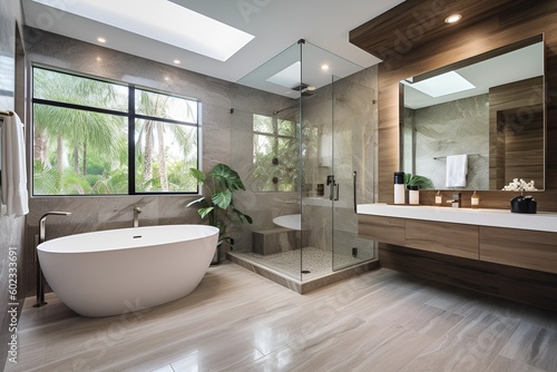 Photographie A luxurious bathroom with a large soaking tub, a rainfall shower, and elegant fi