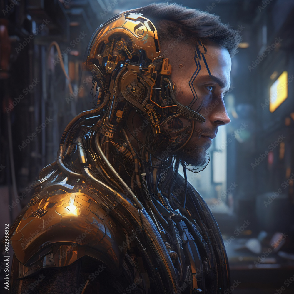 A cyborg man in a futuristic suit side view Generative Ai A cyborg man in a futuristic suit side view Generative Ai